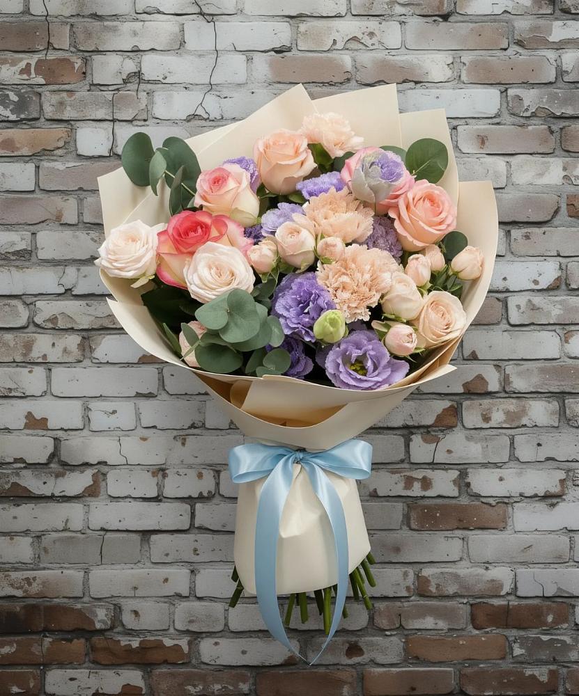 Букет цветов из: Розы, Лизиантусы и Гвоздики в Осташкове